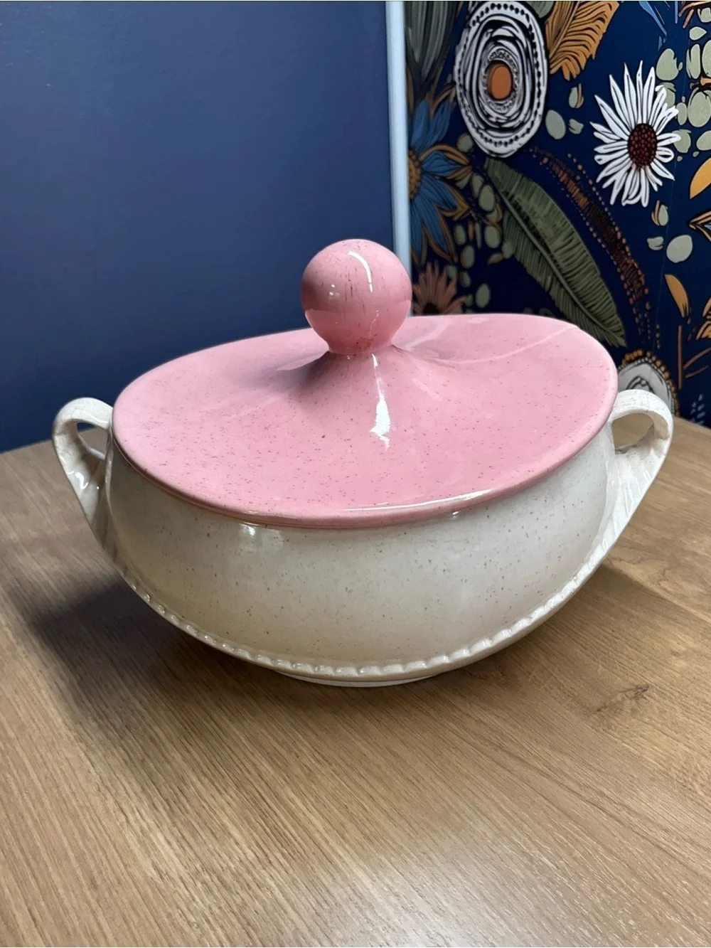 Vintage California Pottery MCM Casserole Dish Speckled White w Pink Lid